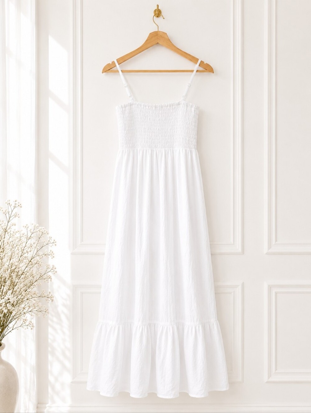 AUW White Smocked Maxi Dress Size M | Cottagecore Boho Lined Summer Sundress - Picture 7 of 10